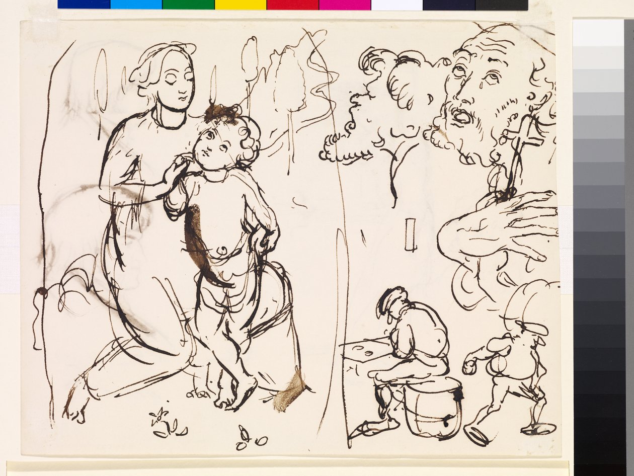 Blad met studies die de post-Raphaeleske stijl karikaturiseren, 1853 door John Everett Millais