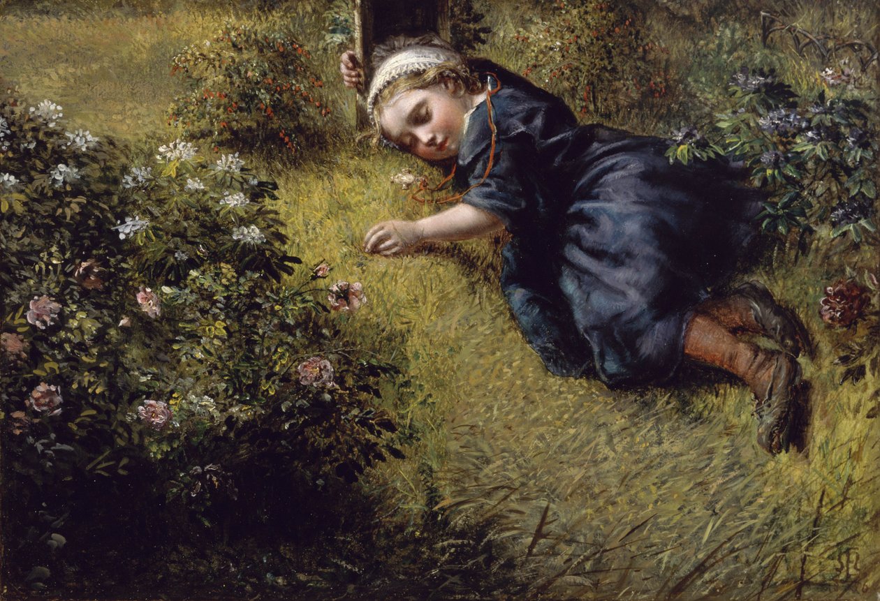 Slapen in een tuin door John Everett Millais