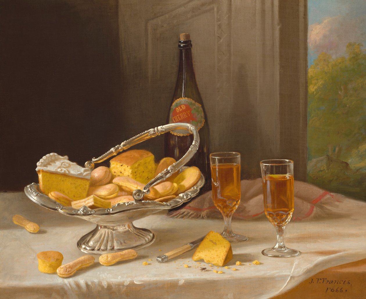 Stilleven met zilveren taartmand door John F. Francis