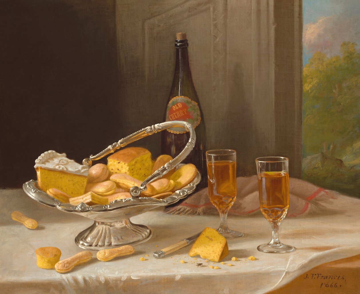 Stilleven met zilveren taartmand, 1866 door John F. Francis