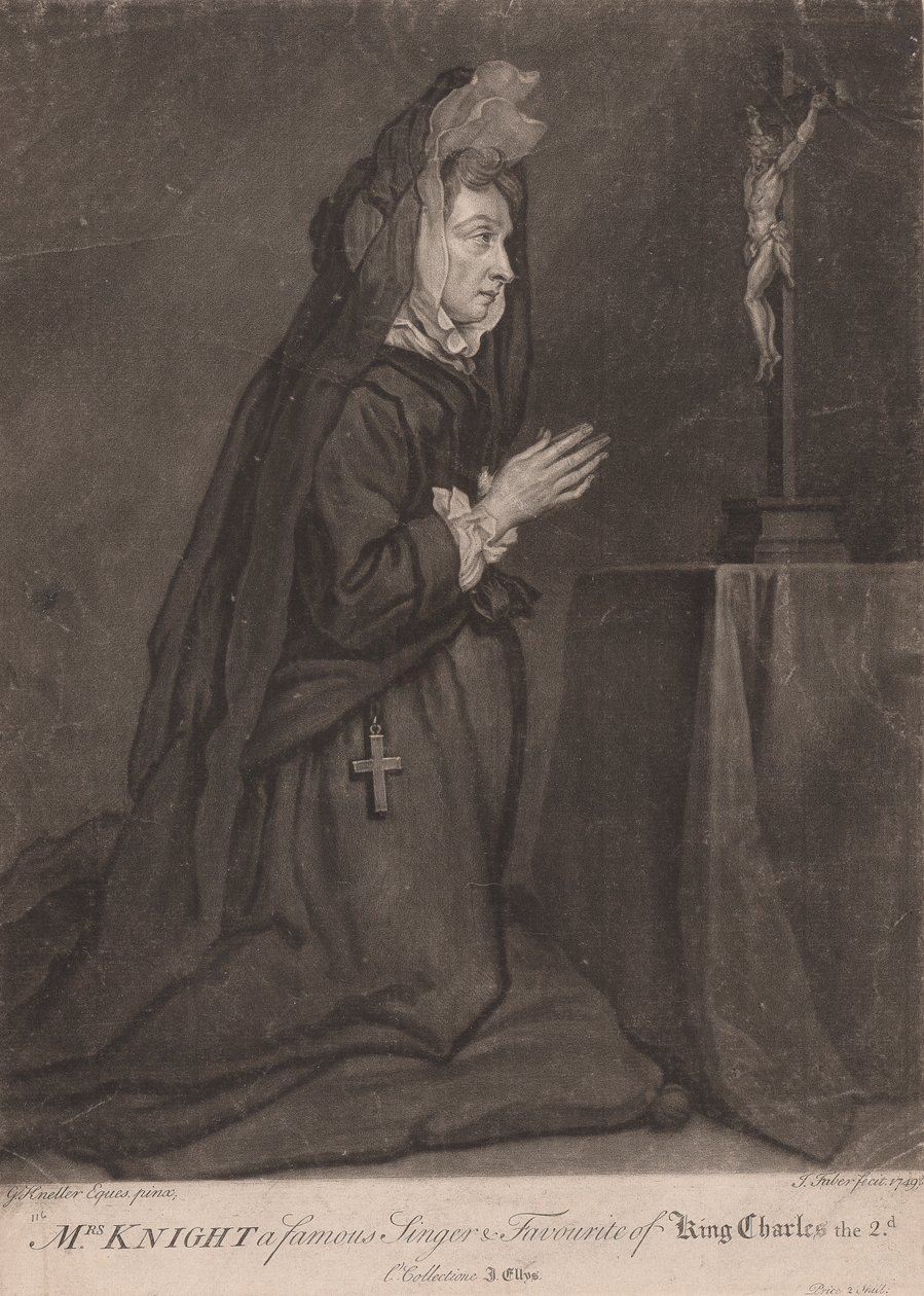 Mevrouw Knight een beroemde zangeres en favoriet van koning Karel II door John Faber the younger