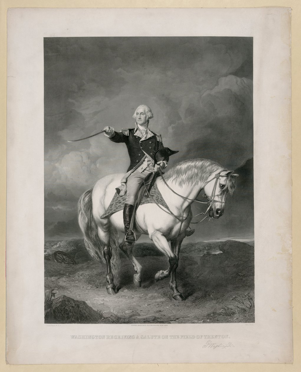 Washington ontvangt een saluut op het veld van Trenton / John Faed, R.S.A.; Wm. Holl. Gepubliceerd: New York : Kendall Bank Note Company, [Ca. 1860] door John Faed