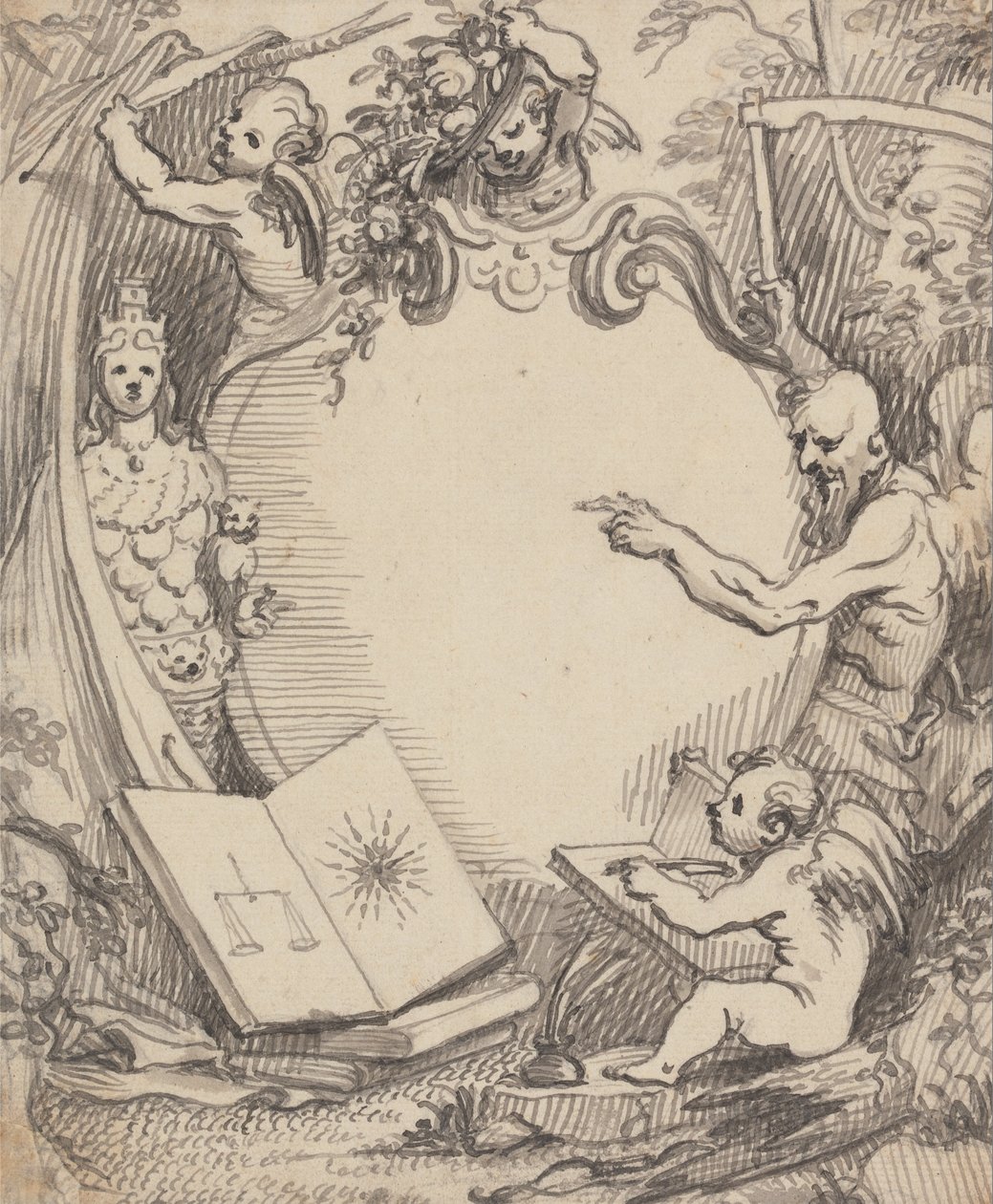 Ontwerp voor een Frontispice - Cupido die de Natuur Bestudeert door John Fayram
