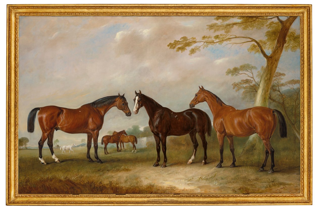 Intrepid, Conqueror en Bay Bolton met daarachter Silkman en Darnley in een landschap door John Ferneley