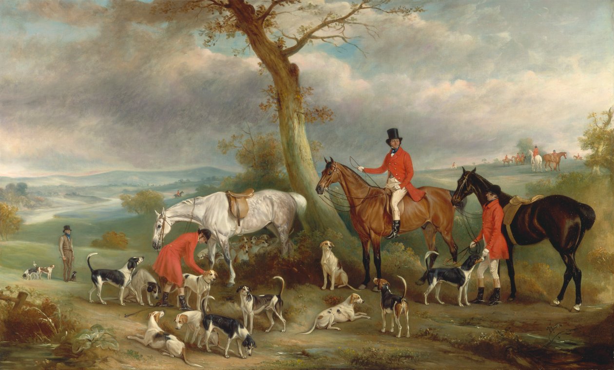 Thomas Wilkinson, M.F.H., met de Hurworth Foxhounds door John Ferneley