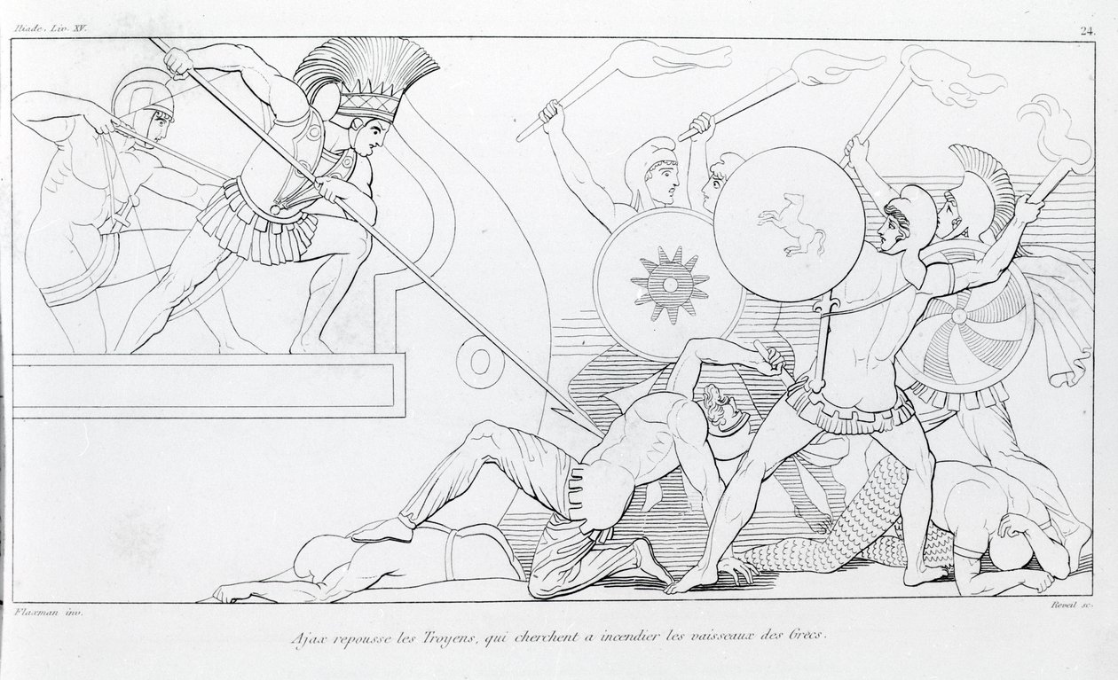 Ajax stoot de Trojanen af die proberen de Griekse schepen te verbranden. Tekening door John Flaxman (1755 - 1826). Homer