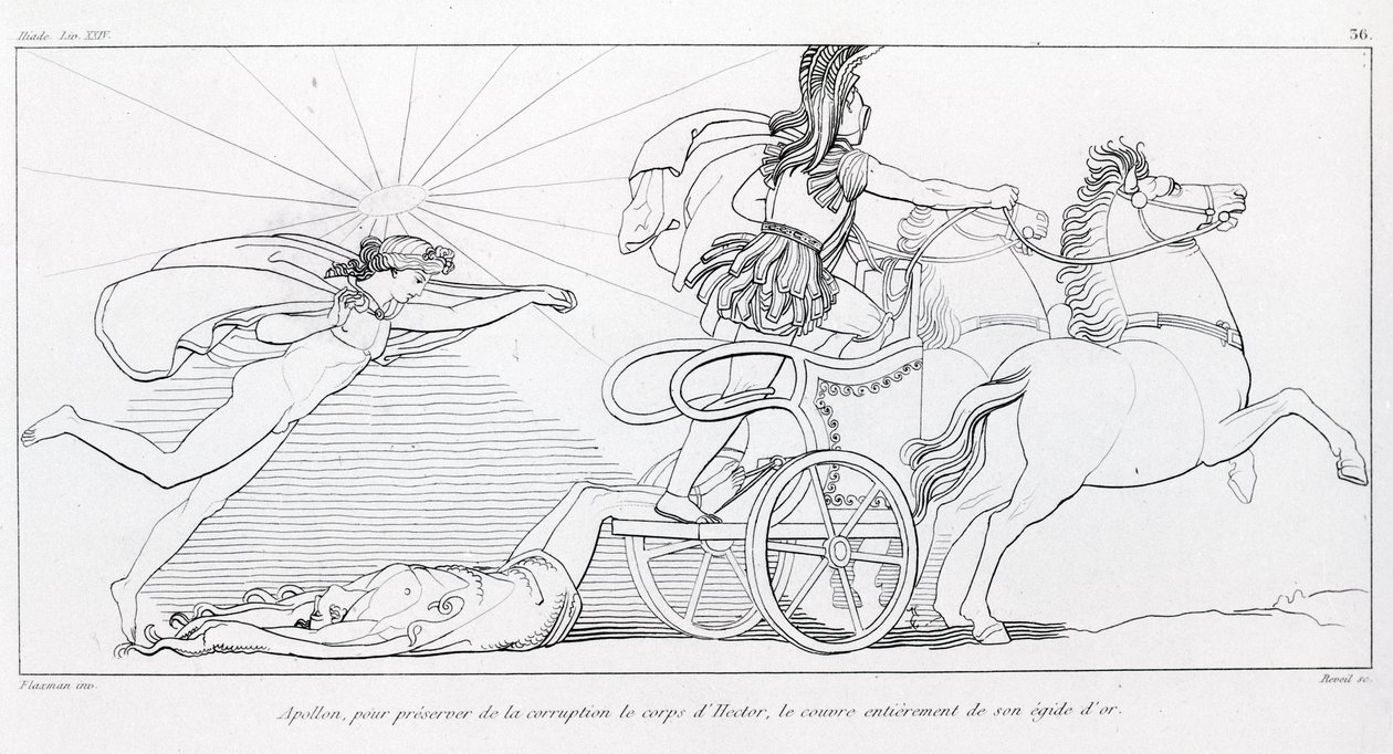 Apollo, god van de zon, bedekt het lichaam van Hector volledig met zijn gouden aegis om het te beschermen. Zang XXIV. Tekening door John Flaxman (1755 - 1826). Homer