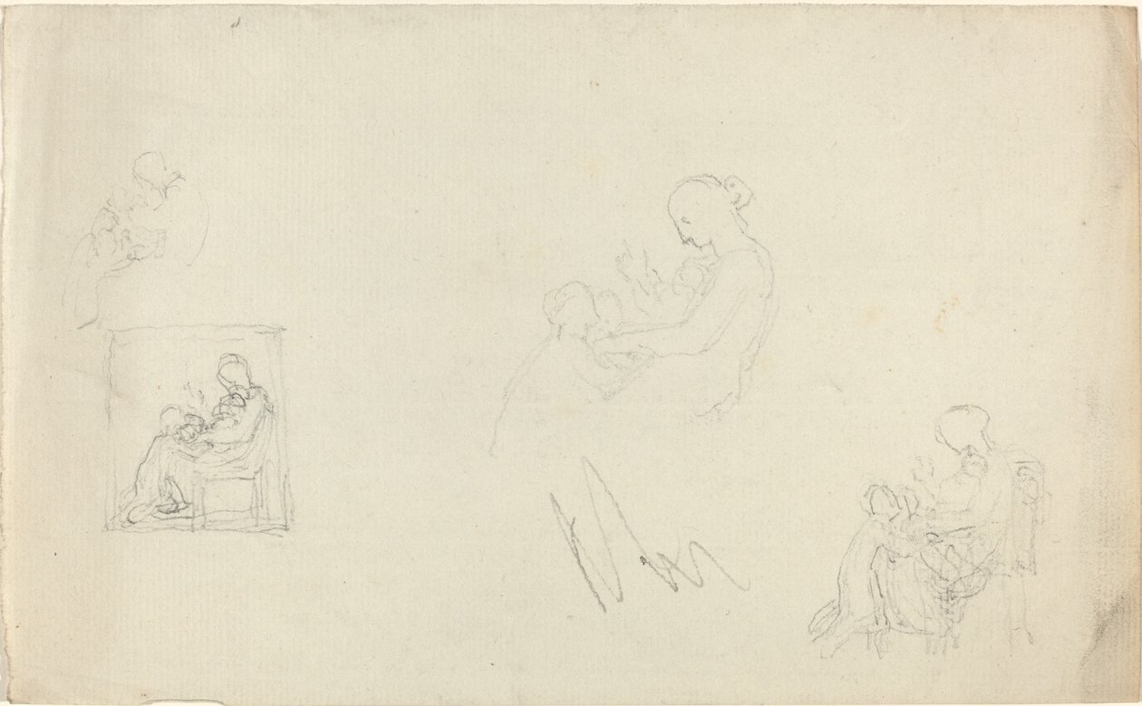 Vier studies van een zittende vrouw met kinderen aan haar voeten (schetsen voor het monument voor Lady FitzHarris?) door John Flaxman
