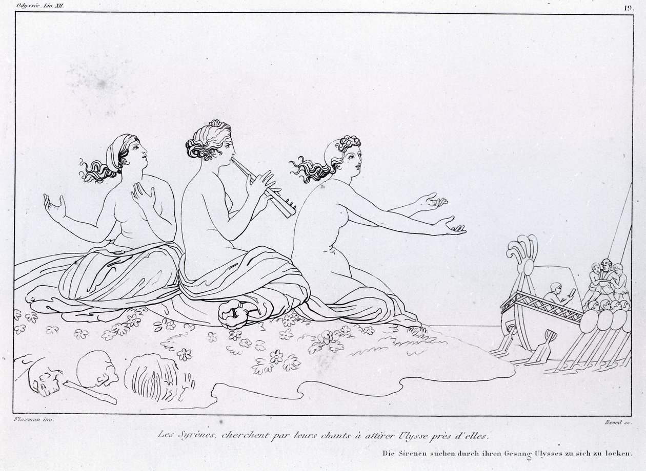 Zeemeerminnen proberen met hun gezang Odysseus aan te trekken. Tekening door John Flaxman (1755 - 1826). Homeros