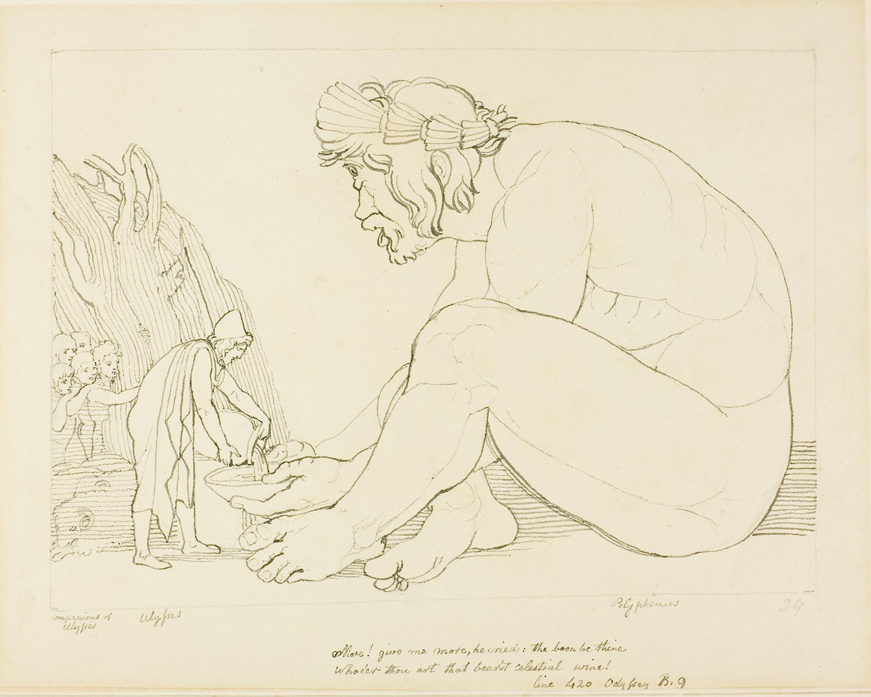 Polyphemus smeekt Odysseus om meer wijn door John Flaxman