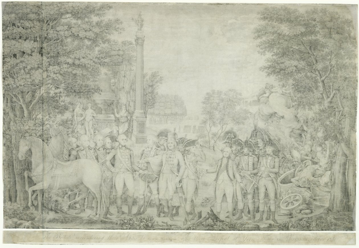 De Britten geven hun wapens over aan generaal Washington na hun nederlaag bij Yorktown in Virginia, oktober 1781 door John Francis Renault