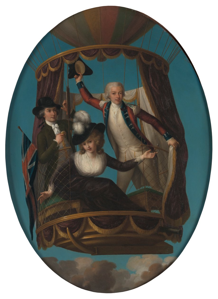 Kapitein Vincenzo Lunardi met zijn Assistent George Biggin, en Mevrouw Letitia Anne Sage, in een Luchtballon door John Francis Rigaud