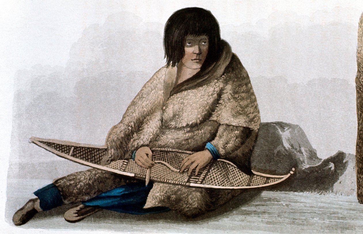 Koperen Indiaans meisje repareert sneeuwschoen, 1823 door John Franklin