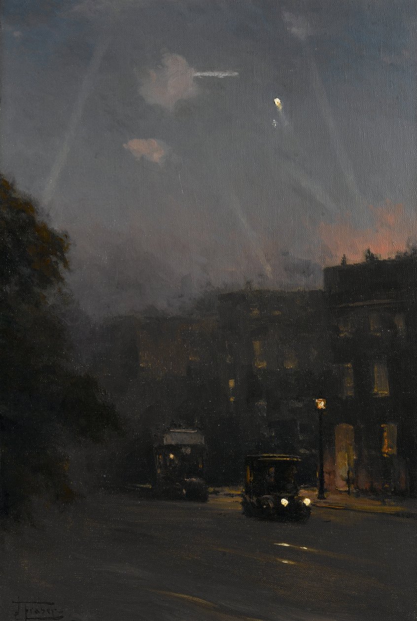 Een Zeppelin-aanval, 8 oktober 1915, c.1915-18 door John Fraser