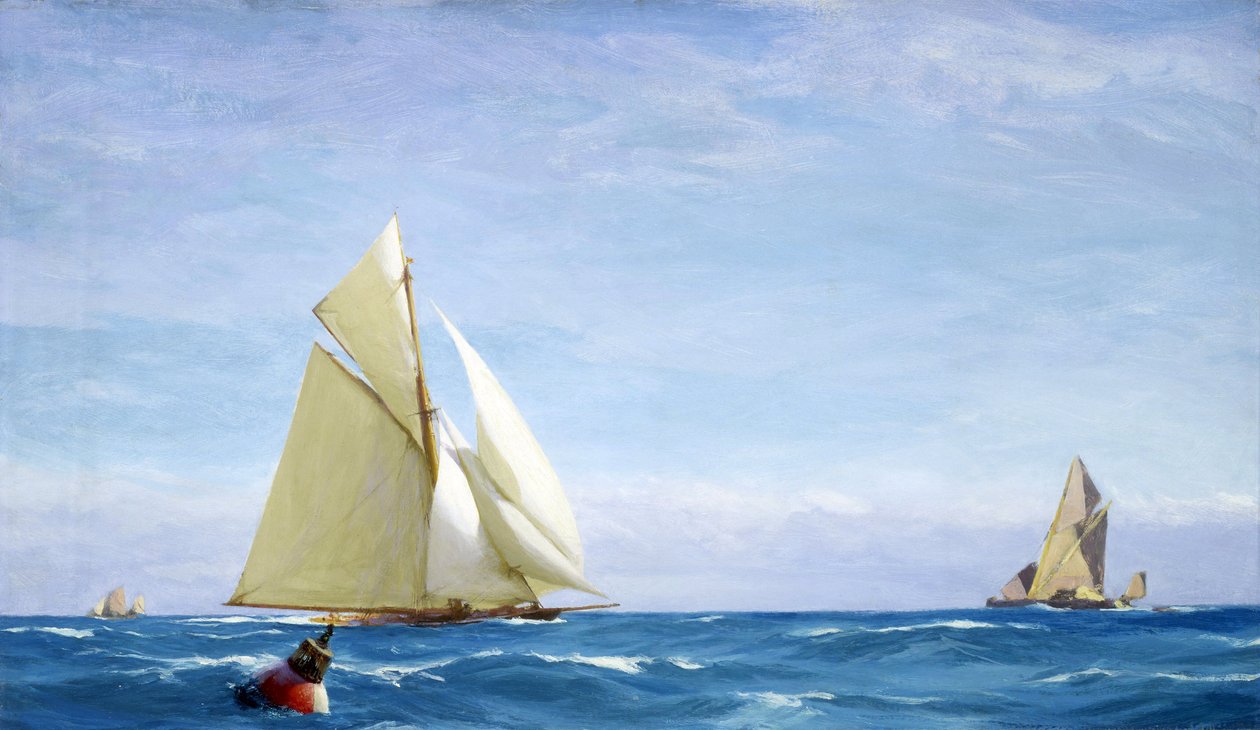 Een groot zeilschip en een schuit op de Theems, voor de kust van een haven, circa 1910, door John Fraser door John Fraser