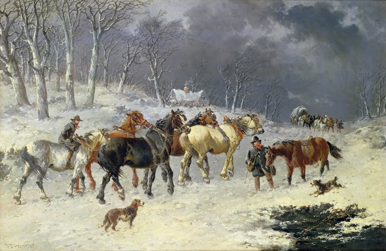 Paarden in de sneeuw door John Frederick Herring Junior
