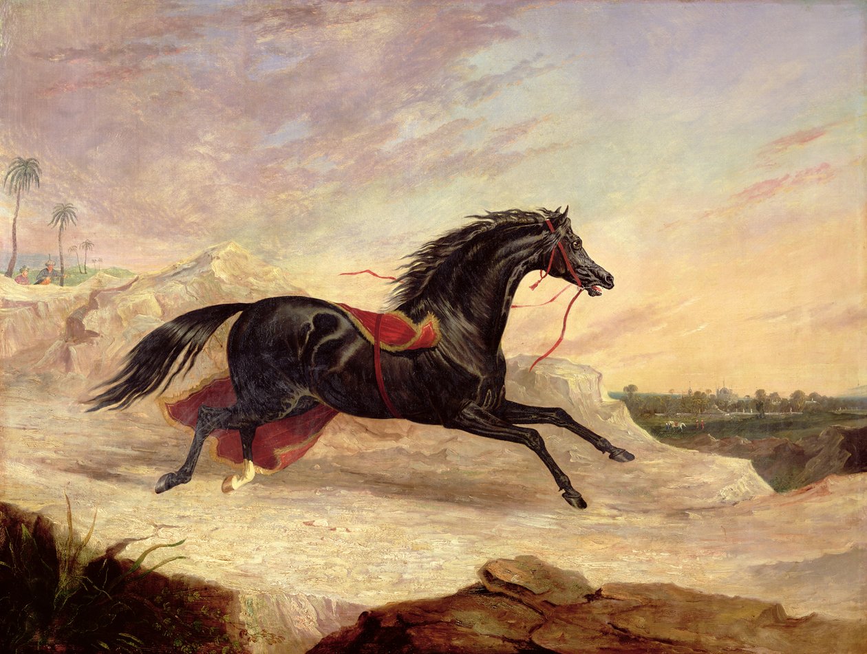 Arabieren achtervolgen een los Arabisch paard in een oosters landschap door John Frederick Herring Senior
