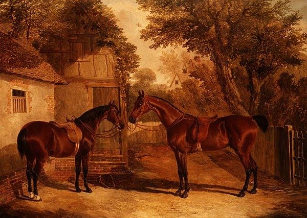 Bay Hunters buiten een boerderij door John Frederick Herring Senior