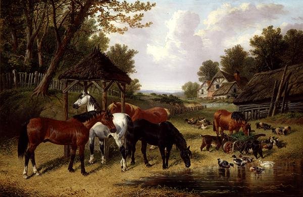 Paarden bij een boerenerf vijver door John Frederick Herring Senior
