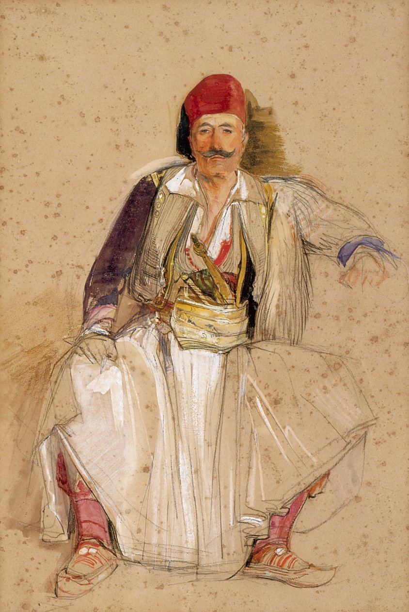 Een Corfiotische Krijger, Zittend (aquarel over potlood op off-white papier) door John Frederick Lewis