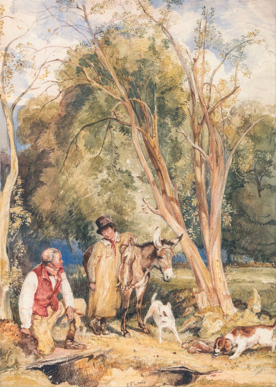 Jachtopziener en jongen die een konijn fourageren door John Frederick Lewis