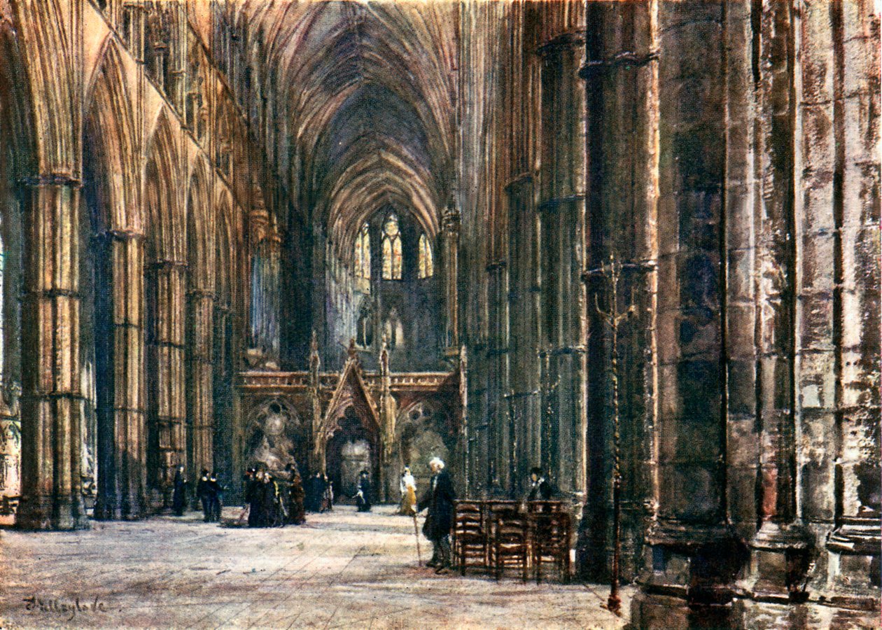 Interieur van het schip, kijkend naar het oosten (kleurenlitho) door John Fulleylove