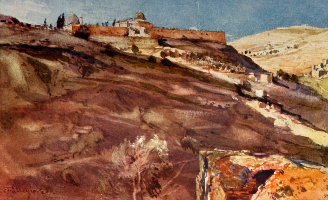 Jeruzalem - Zuidmuur van het Tempelgebied, vanuit de Vallei van Hinnom, bij zonsondergang door John Fulleylove