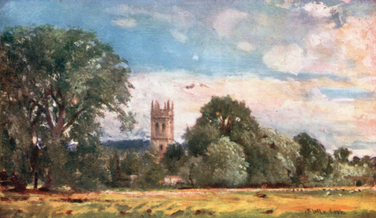 Magdalen College Tower, vanaf de weiden (kleurenlitho) door John Fulleylove