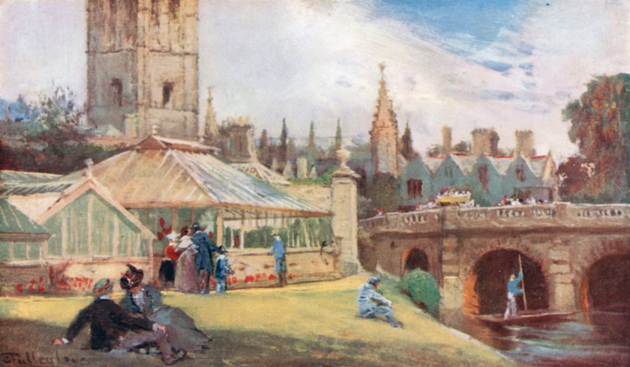 Magdalen College, vanuit de botanische tuin (kleurenlitho) door John Fulleylove