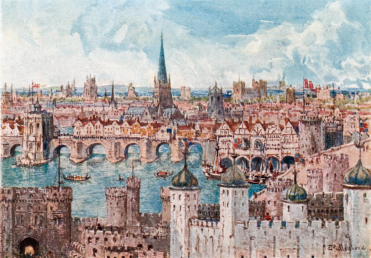 Oude brug van Londen in 1386 (kleurenlitho) door John Fulleylove