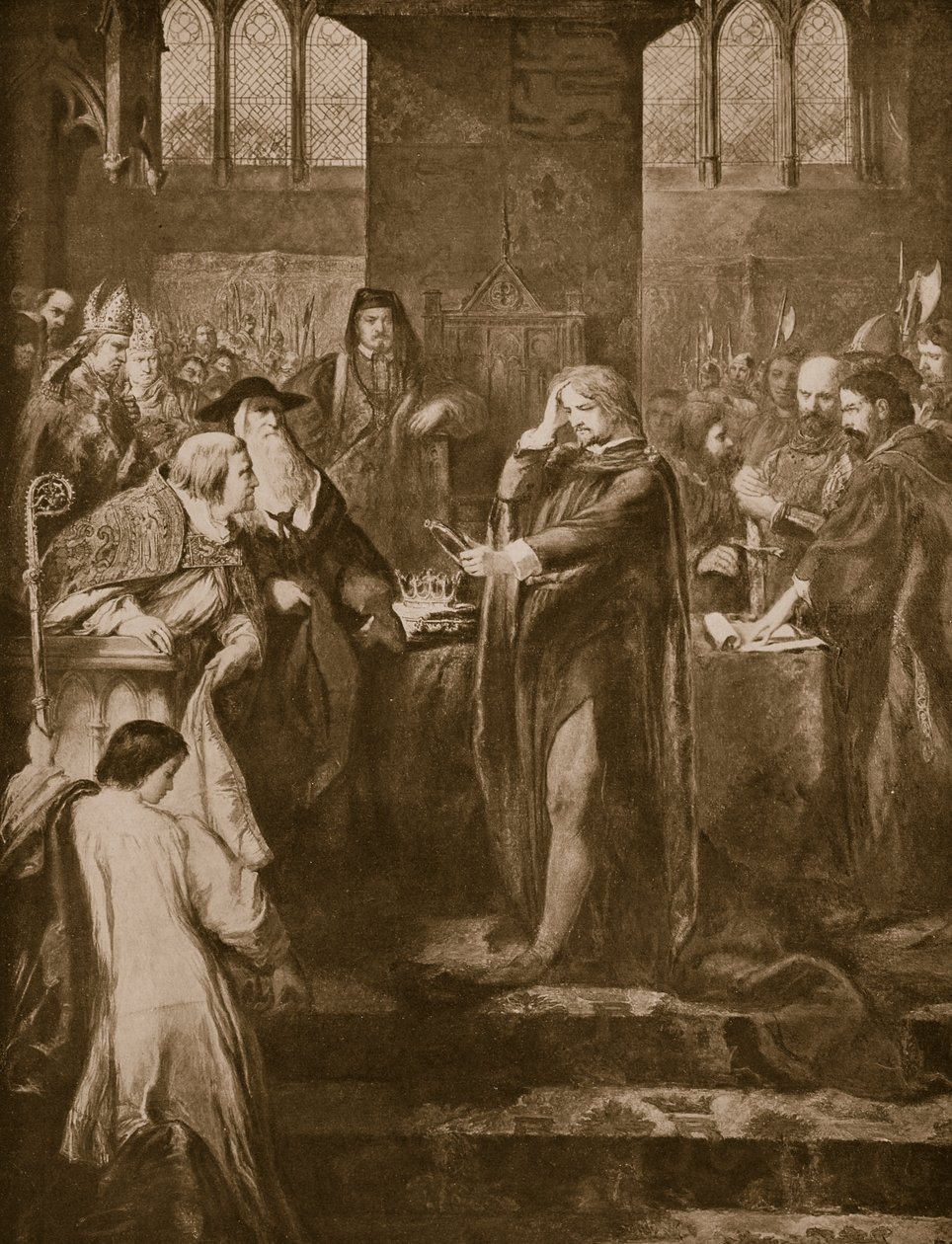 Koning Richard II doet afstand van de kroon aan zijn neef Bolingbroke, illustratie uit 