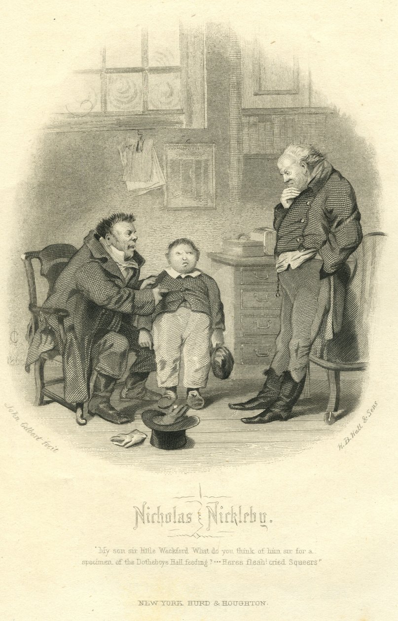 Nicholas Nickleby: Wackford Squeers en jonge Wackford Squeers, gegraveerd door H.B. Hall en Zonen, 1867 door John Gilbert