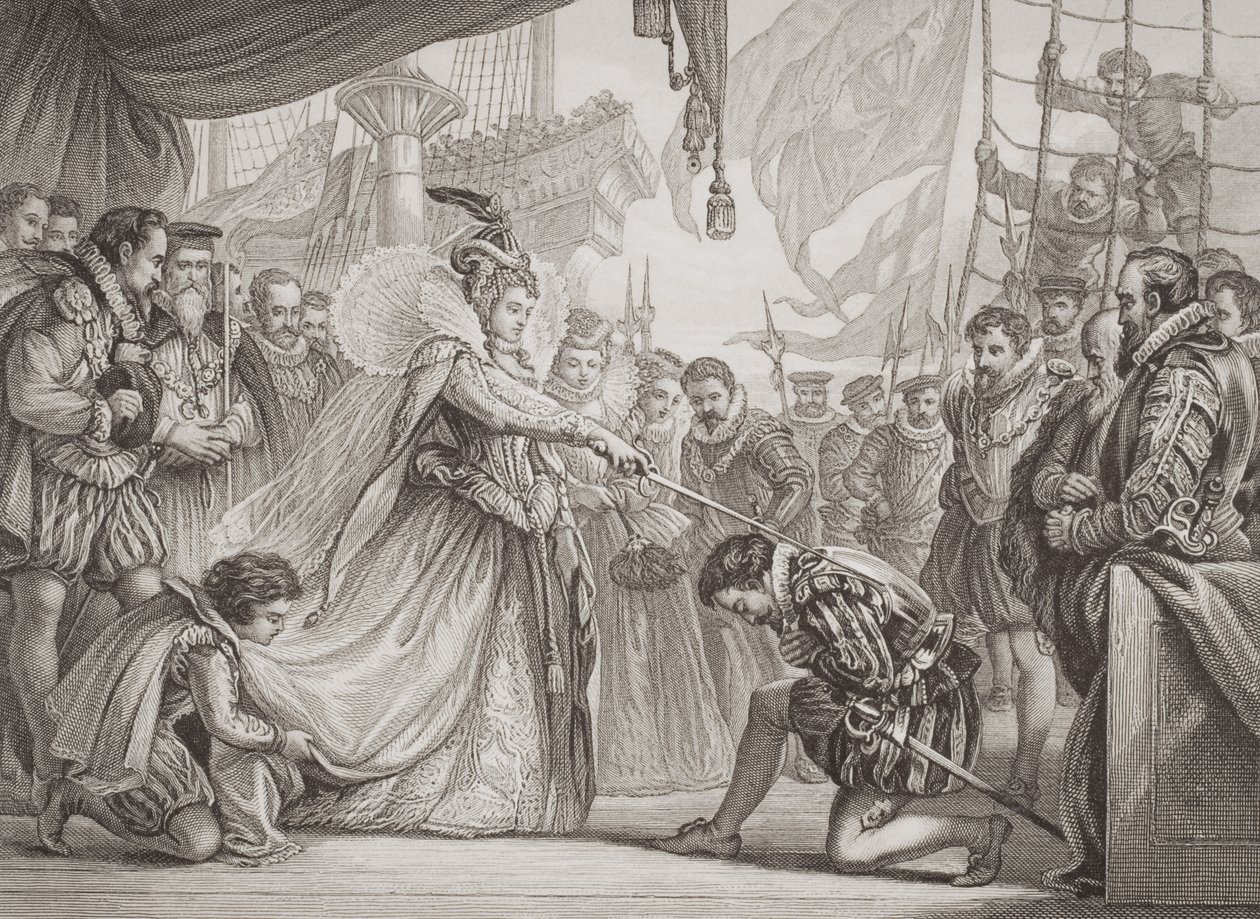 Koningin Elizabeth I (1530-1603) die Francis Drake (1540-96) tot ridder slaat, uit 