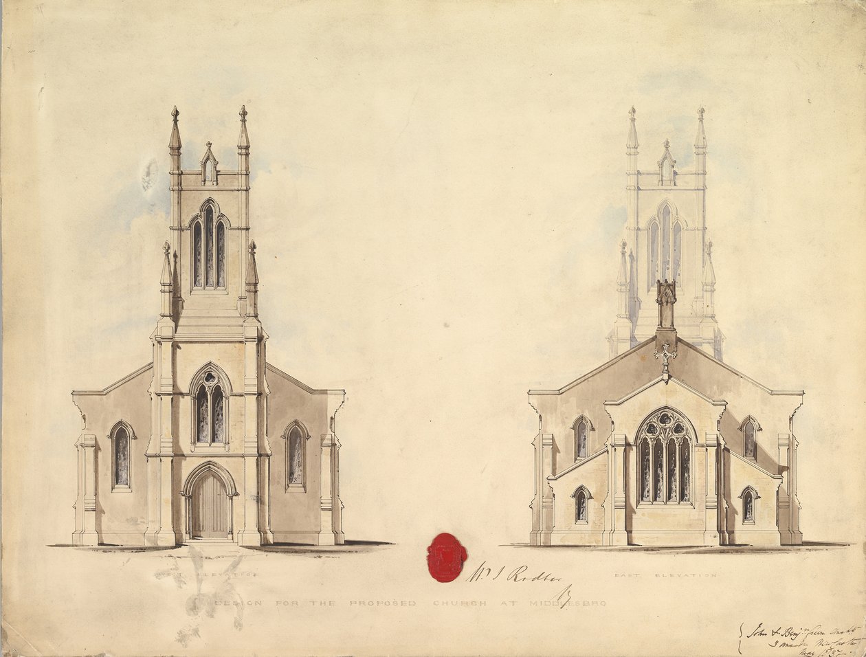Ontwerp voor de voorgestelde kerk in Middlesborough, 1837 door John Greenwood