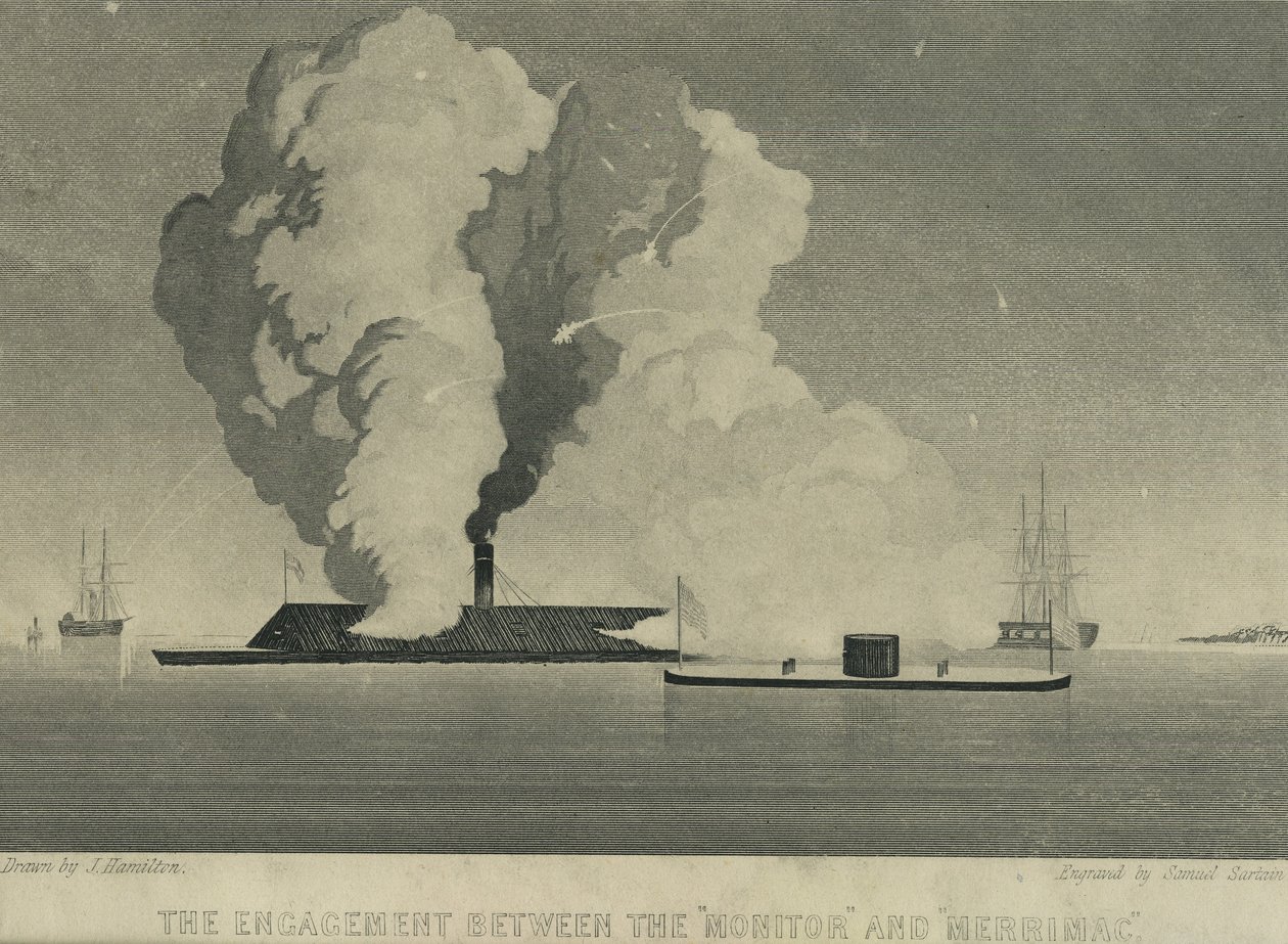 Het gevecht tussen de Monitor en Merrimac, ca. 1863 door John Hamilton