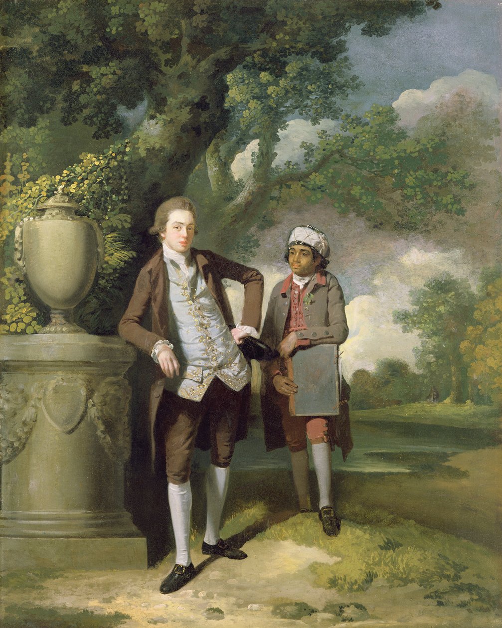 Een jonge man met zijn Indiase dienaar die een portfolio vasthoudt door John Hamilton Mortimer