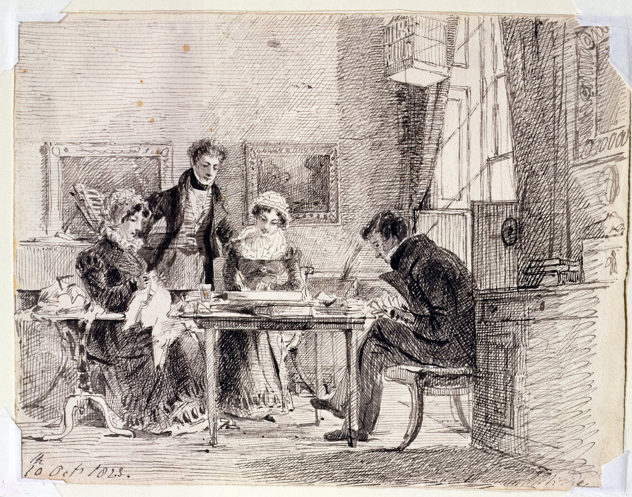 Familiegroep aan het Naaien en Lezen door John Harden