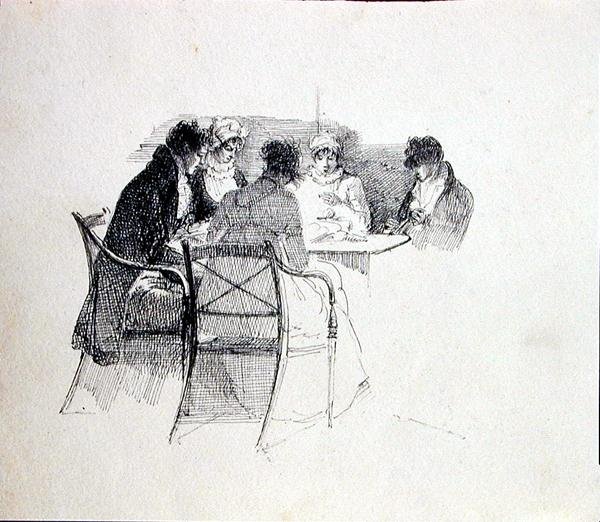 Groep verzameld rond een Tafel door John Harden