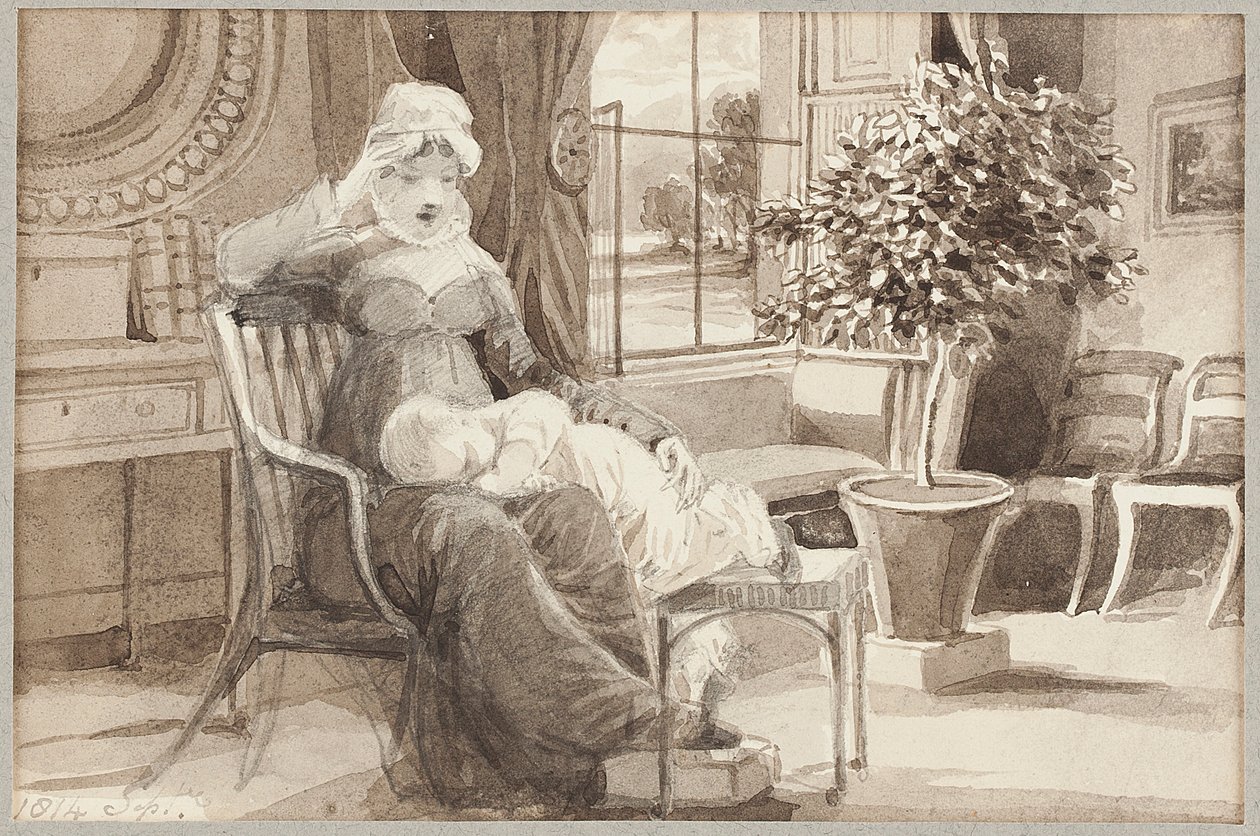 Mevrouw H met baby John William, 1814 door John Harden