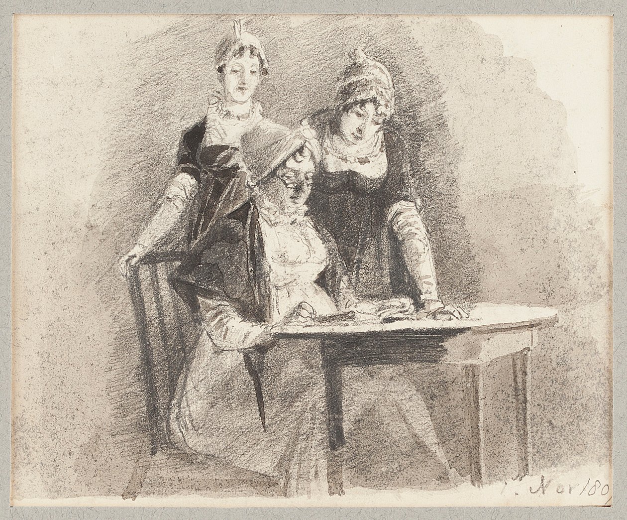 Drie aan een tafel, één zittend, 1807 door John Harden
