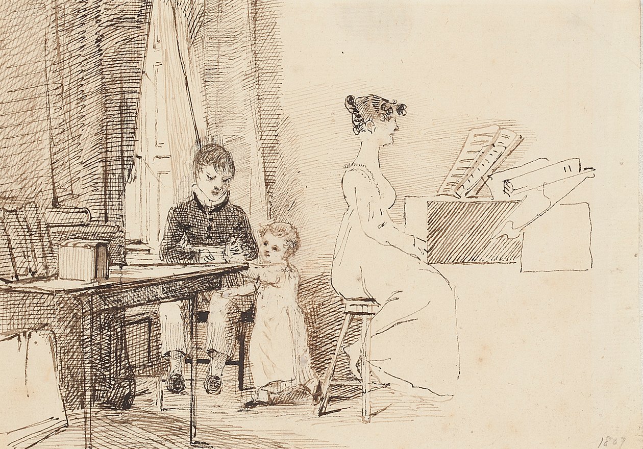 Twee kinderen en een vrouw aan de piano, 1807 door John Harden
