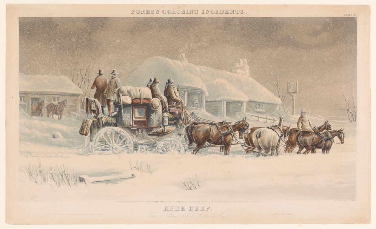 Koets met zes paarden in de sneeuw in een winterlandschap door John Harris