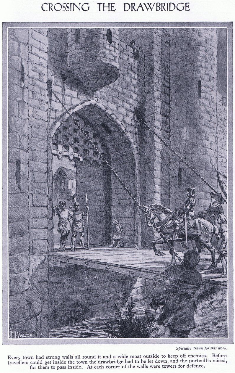 Over de ophaalbrug. Elke stad heeft sterke muren en een gracht, een ophaalbrug en een valhek voor verdediging door John Harris Valda