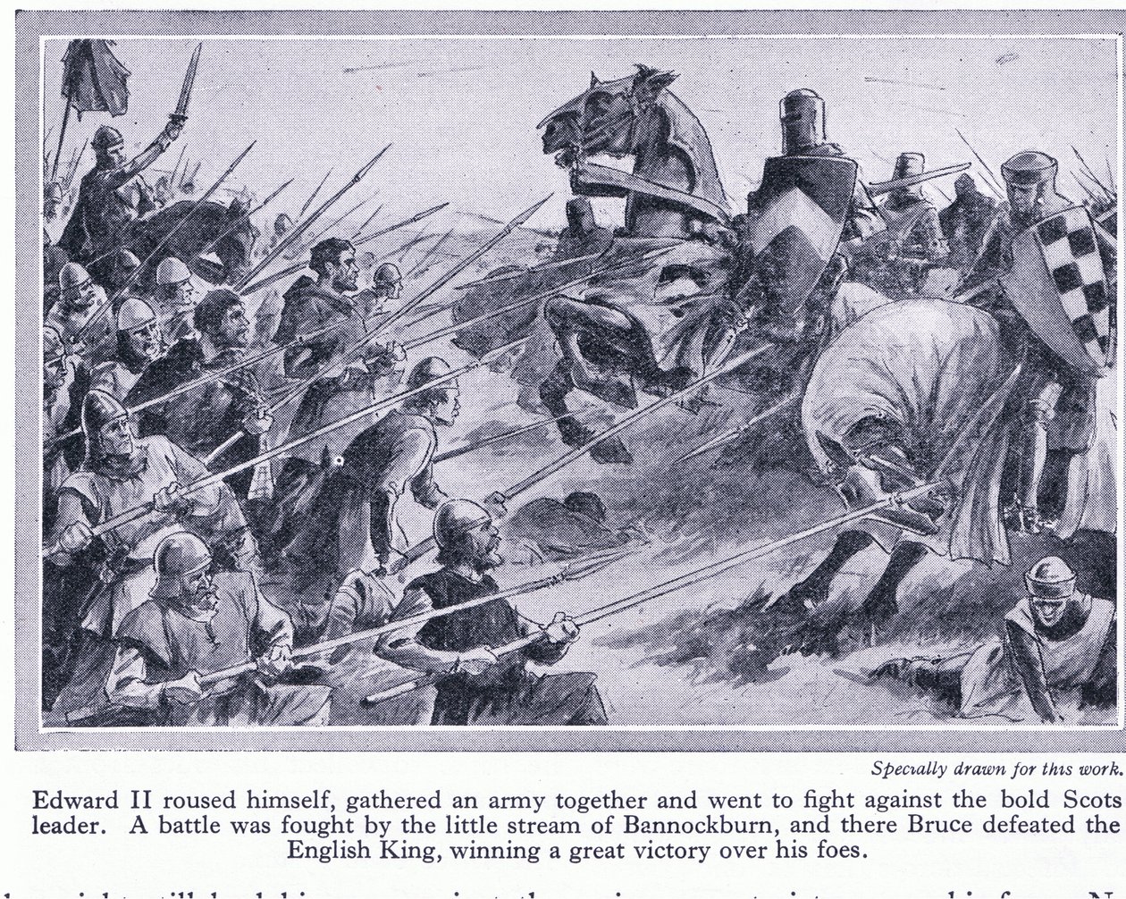 Edward II verzamelde een leger en vocht een slag bij Bannockburn 1314 AD, waar Bruce de Engelsen versloeg, ca. 1950 door John Harris Valda