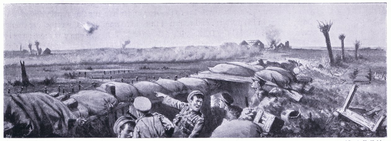Gasaanval op de loopgraven van de 2e Lancashire Fusiliers waarbij soldaat Lyn zijn leven verloor maar het VC won. Ieper april 1915 door John Harris Valda