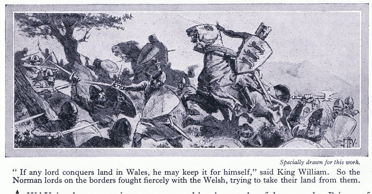 Als een heer land in Wales verovert, mag hij het voor zichzelf houden, zei Koning Willem, ca. 1950 door John Harris Valda