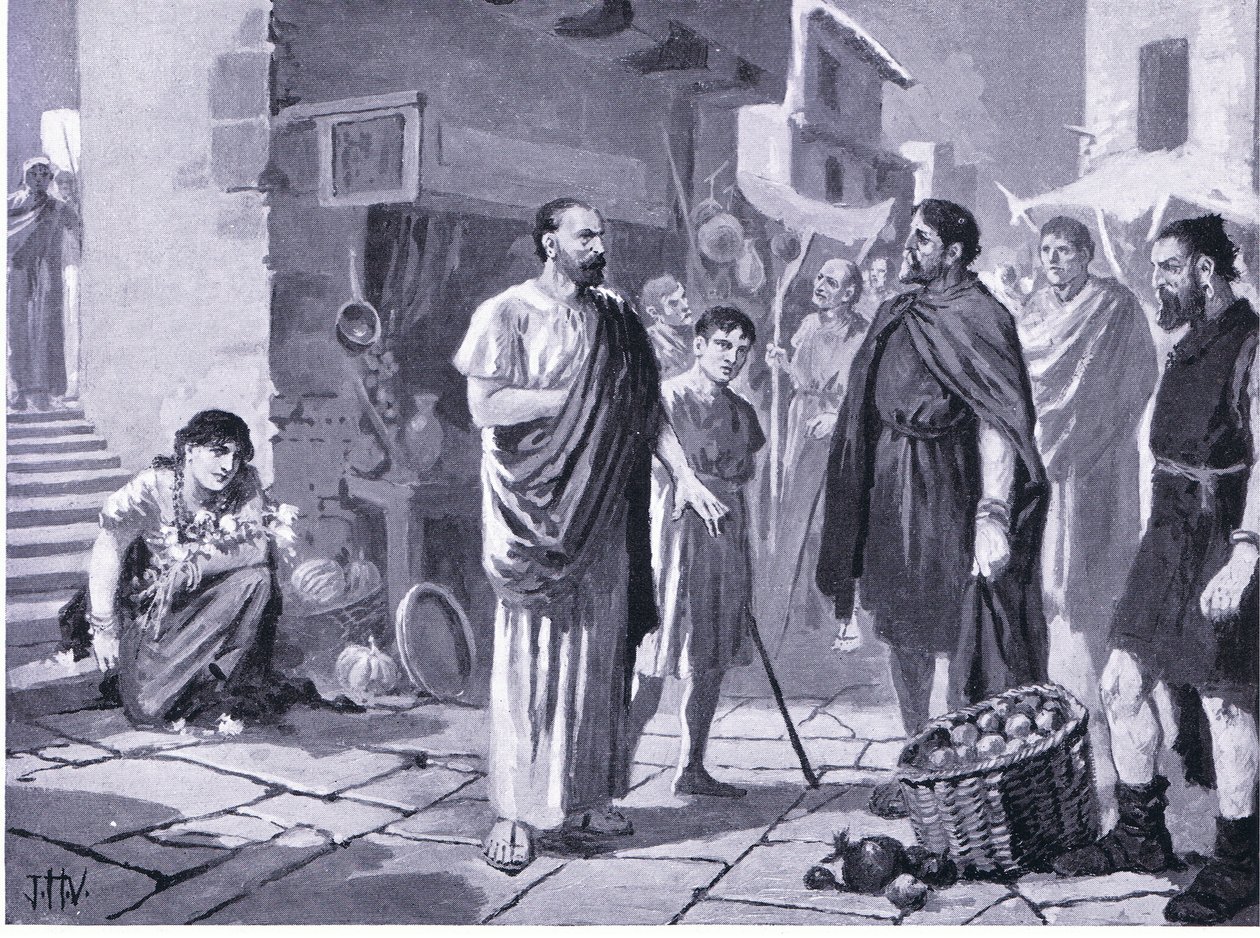 Romeinse kolonisten handelen met inheemse Daciërs, illustratie uit Hutchinsons History of the Nations VOL 4 c.1920s door John Harris Valda