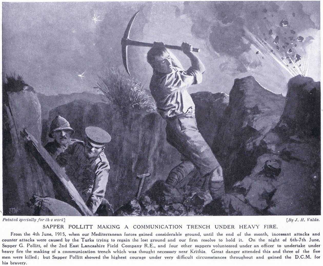 Sapper Pollitt maakt een communicatieloopgraaf onder zwaar vuur op het Gallipoli-schiereiland juni 1915 door John Harris Valda