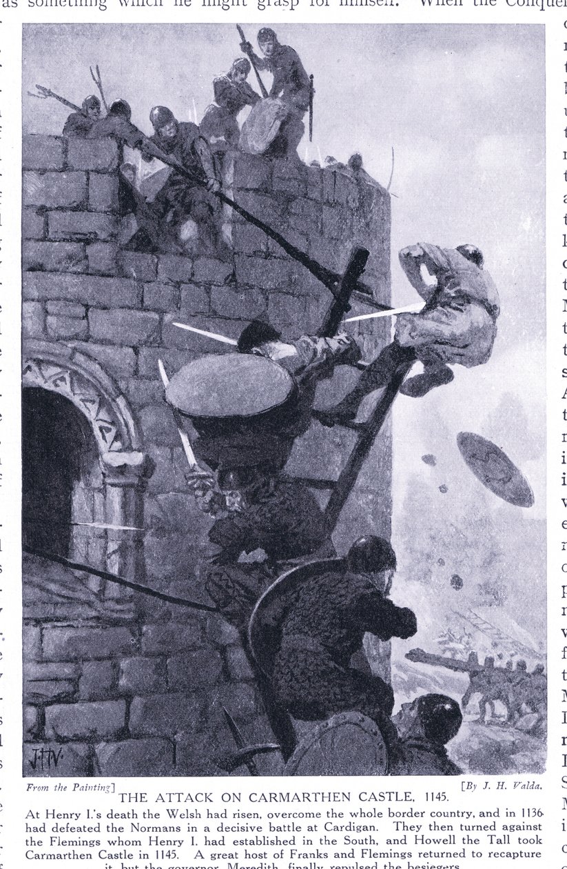 De aanval op Carmarthen Castle AD1136, jaren 1920 door John Harris Valda