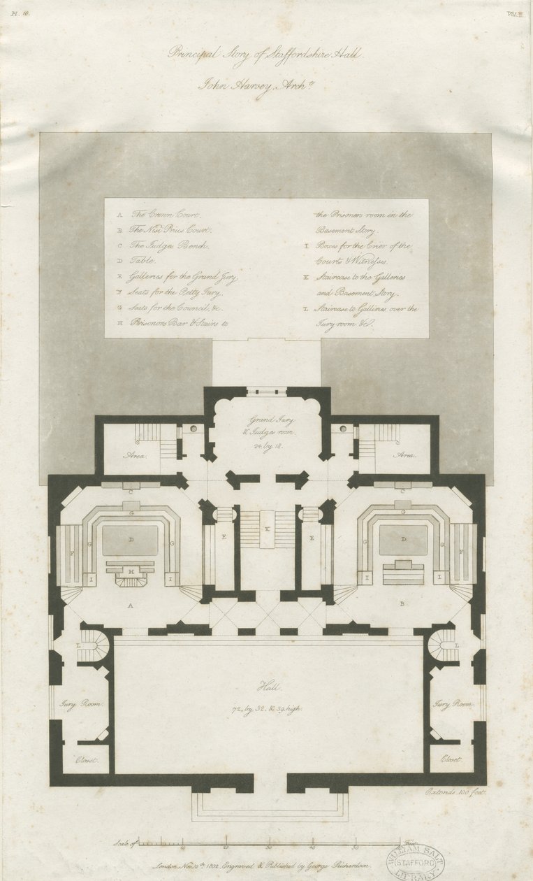 Stafford - Plan van Hoofdverdieping van Shire Hall: gravure door John Harvey
